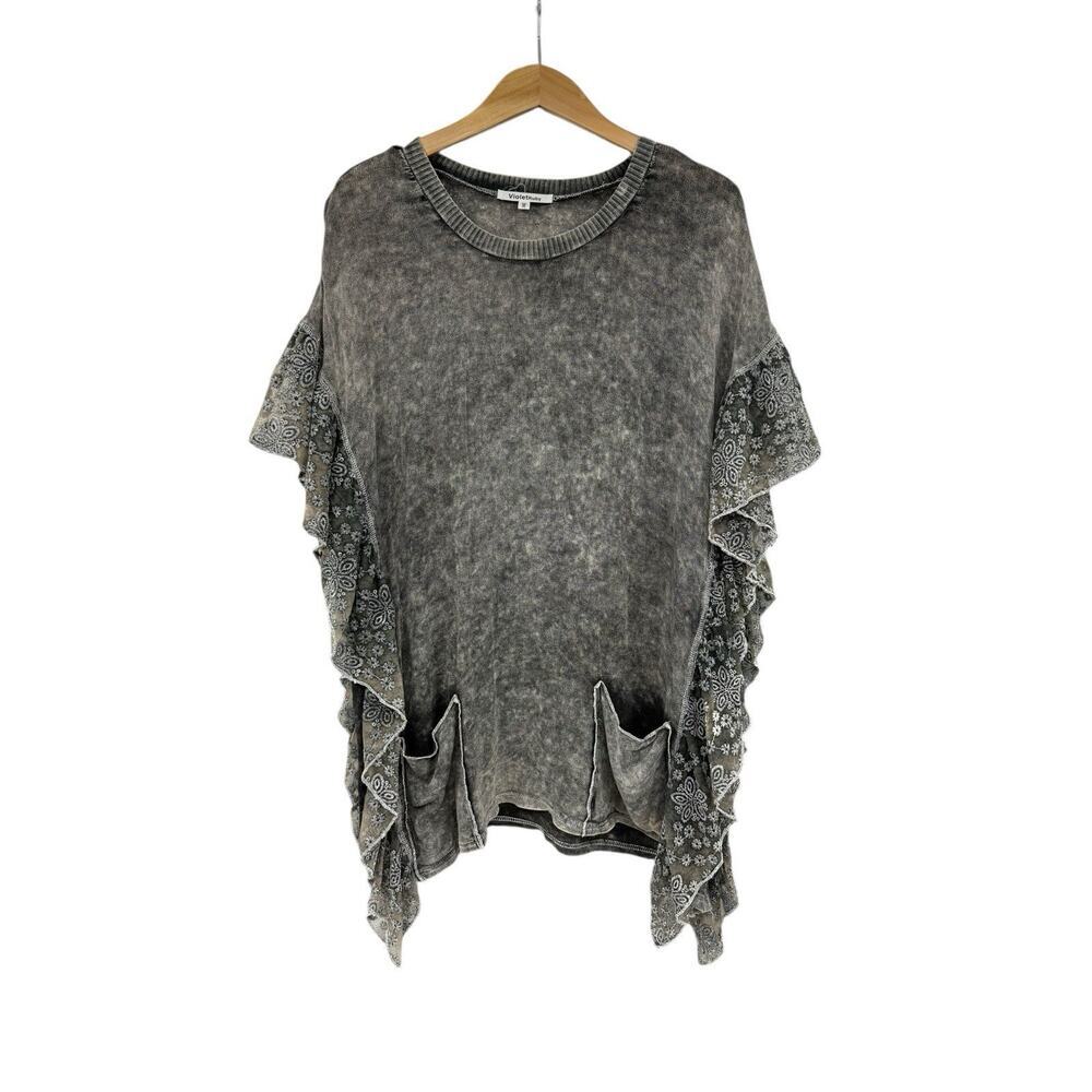 Violet‎ Ruby Gray Black Mineral Wash Boho Hippie Lace Ruffle Tunic Top Womens M